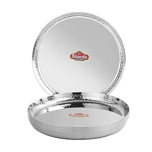 Sharda Metals Stainless Steel Hammered Thali Set Of 6, Heavy Gauge Mirror Finish Royal Mathar Dinner, Lunch Plate, Food Grade Se