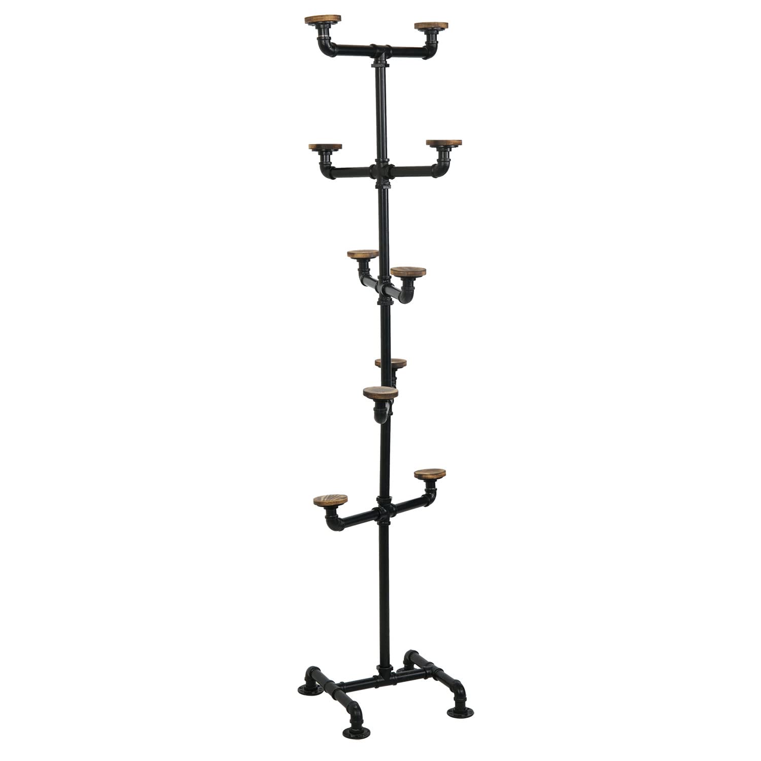Mygift Industrial Black Metal Pipe Rack With 10 Round Rustic Burnt Wood Hat Hangers, Decorative Pipework Stand With Hooks For Ha
