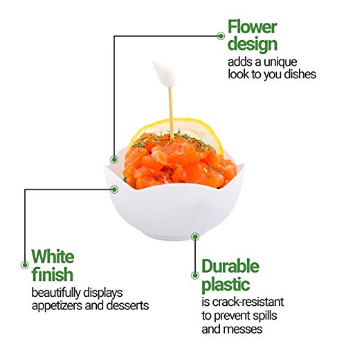 Restaurantware 2 Ounce Disposable Dessert Cups 100 Mini Appetizer Cups - Flower Shape Attractive White Plastic Mini Ice Cream Bo