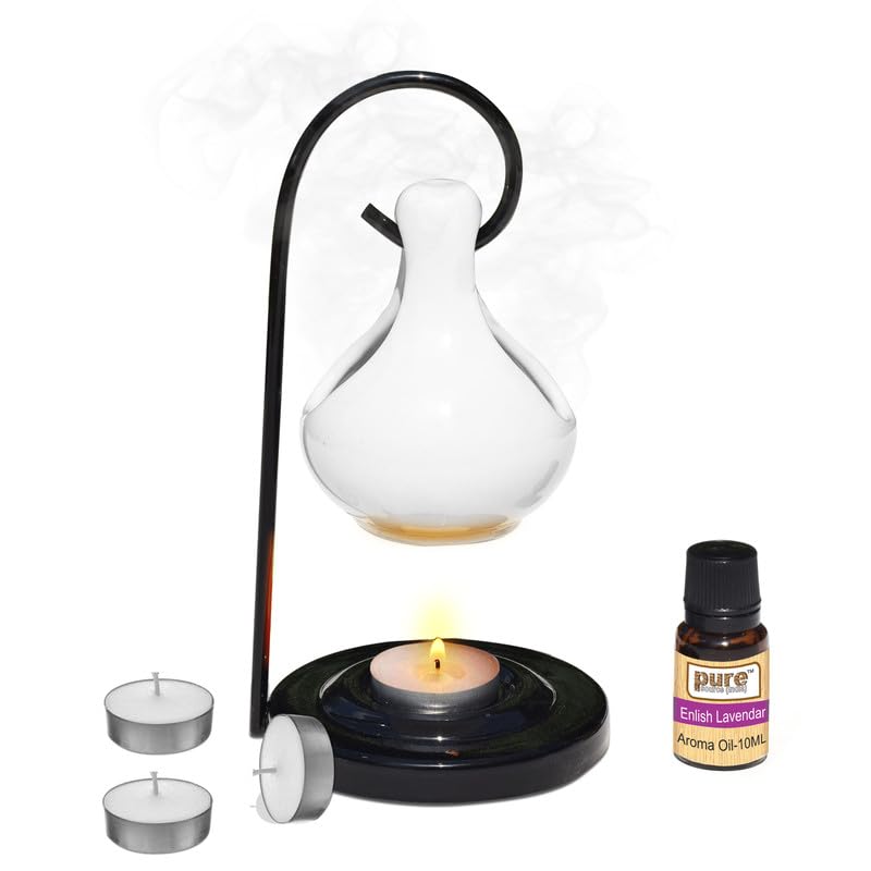Pure Source India Porcelain Oil Diffuser Set For Home Fragrance With 10 Ml English Lavender Aroma Oil And 4 Tea Light Candles (W