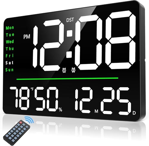 Aerys 16-Inch Digital Wall Clock, Large Led Display With Remote Control, Auto/Custom Dimmer, Temp & Humidity, Dual Alarms, For L