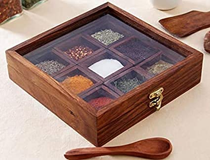 Delux Wood Carver Spice Box With Spoon In Shesham Wood Spice Box For Kitchen Indian Wood Container With Lid Decorative Masala D