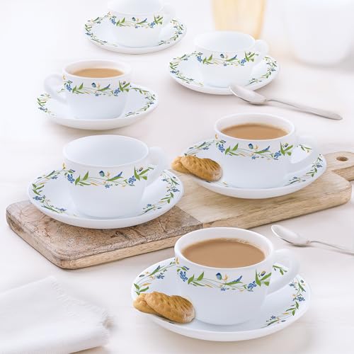 Larah By Borosil Cripper Opalware Cup And Saucer Set Of 12 Pcs | Tea/Coffee Cups 140 Ml | Microwave & Dishwasher Safe | BoneAsh