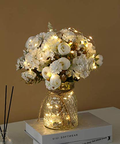 KELINGO Aitificial LED White Rose Flowers with Glass Vase, Flower Arrangement for Table Centerpiece, Home Office Wedding Decorat