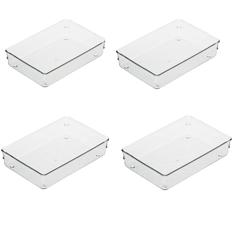 Vikijo 4 Pcs Clear Plastic Drawer Organizers, Versatile Acrylic Kitchen Drawer Organizer Stackable Bathroom Drawer Organizer Tra