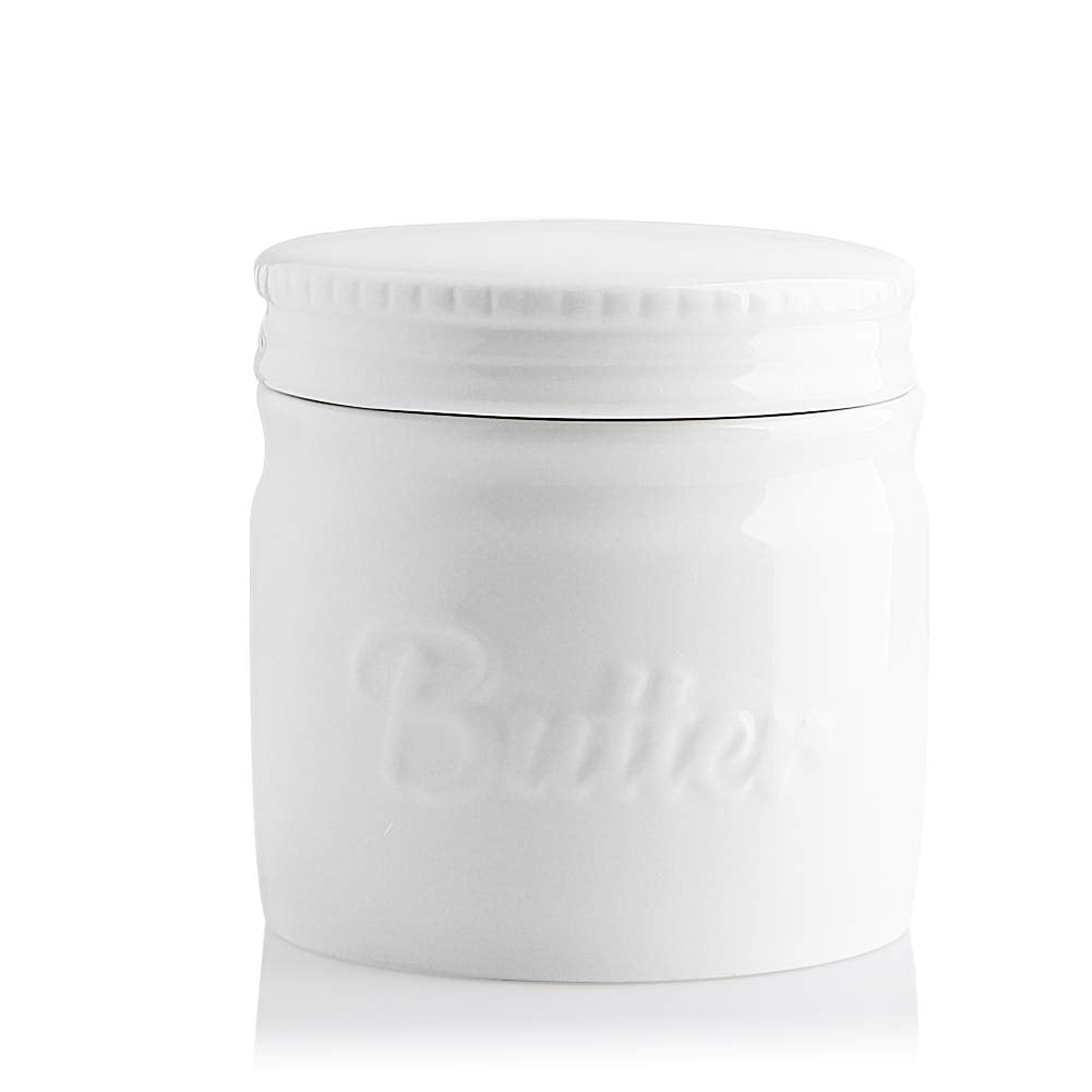 Sweejar Porcelain Butter Keeper Crock, French Butter Dish With Water Line, Ceramic Butter Container For Soft Butter (White)