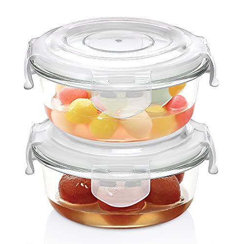 Borosil Klip N Store Glass Storage Containers For Kitchen With AirTight Lids, Microwave & Oven Safe, Round, Set of 2 (400 ml, 4