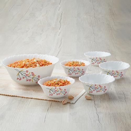 Larah By Borosil Red Bud Silk Series Opalware 7 Pcs Mini Pudding Set | Microwave & Dishwasher Safe | BoneAsh Free | Crockery Se