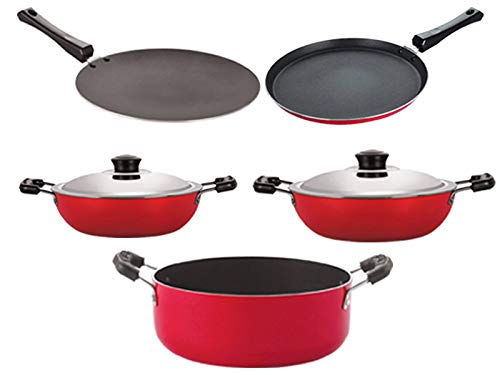 Nirlon NonStick Aluminium Cookware Essential Combo Gift Set Of 5 Pieces With Bakelite Handle(2.6Mm_Ct12_Dkd(M)_Dkd(B)_Cass22_Ft