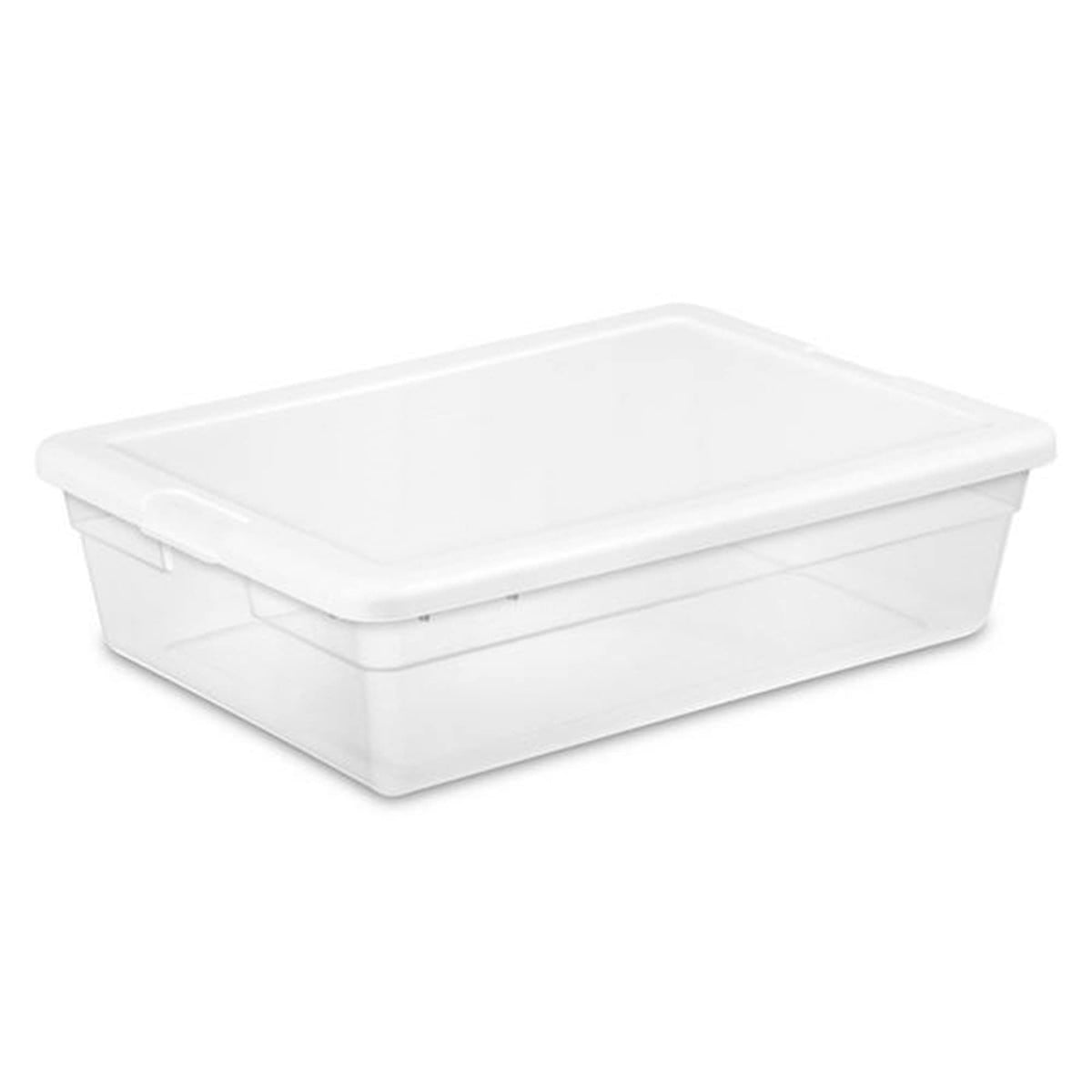 Sterilite 28 Qt Underbed Storage Box, Stackable Bin With Lid, Plastic Container To Organize, Bedroom, Clear Base And White Lid,