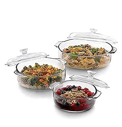 Shivaaro Microwave Oven Safe Serving Bowl With Lid, Tempered Glass, For Rice And Boiling Food,1000 Ml, Set Of 3