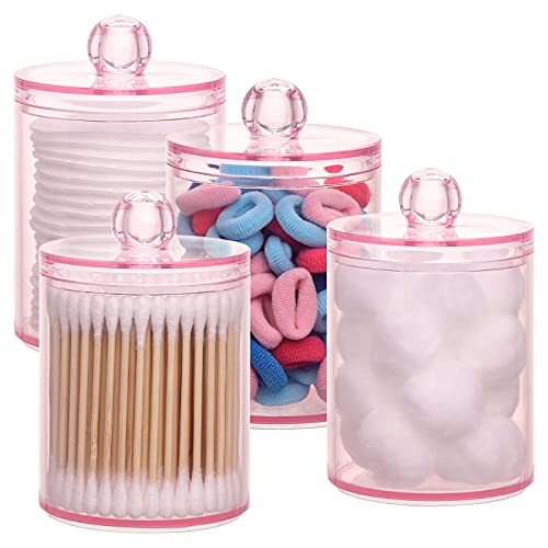 Tbestmax 4 pcs Qtips Holder Bathroom Container  10 OZ Apothecary Jar  Pink Cotton Ball/Swabs Dispenser Organizer for Storage