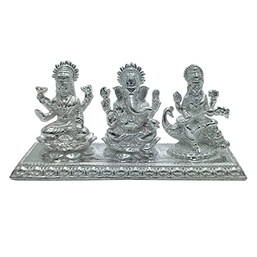 Maa Silver Pure Silver Lakshmi Ganesha Saraswati Trimurti Bis Hallmarked Solid Idol With Base Perfect For Gifting & Pooja Use (9