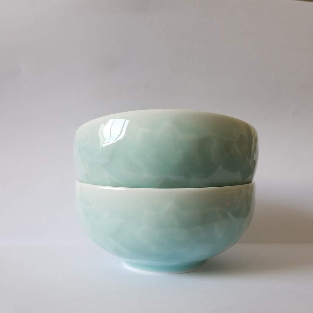 Chinese Rice Bowl 10Oz Celadon Dinnerware Engraved Peony 4.5Inch Porcelain(1, Sky Blue)