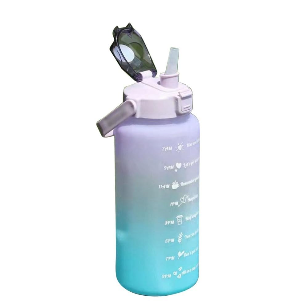 Anu Limen 2000ml Sports Water Bottle with Time Markers, Purple Green Wide Mouth PC Water Jug with Strainer and Carry Strap Outdo