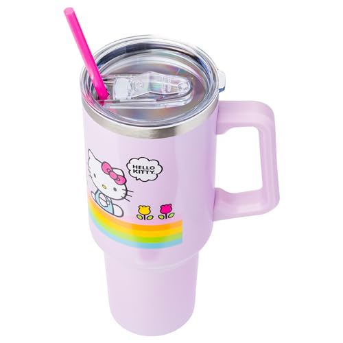 Silver Buffalo Sanrio Hello Kitty Spring And Summer Flowers Rainbow Stripes Stainless Steel Tumbler With Handle And Straw, Fits
