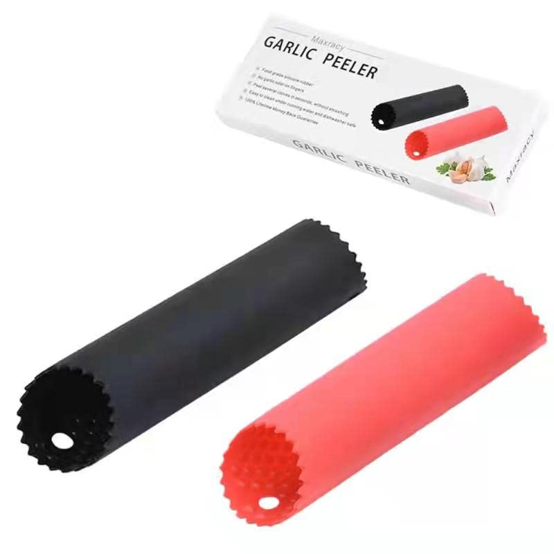 [Upgraded Version] Maxracy 2 Set Peeler Silicone Easy Roll Tube Useful Garlic Odorfree Kitchen Tool (Red,Black)