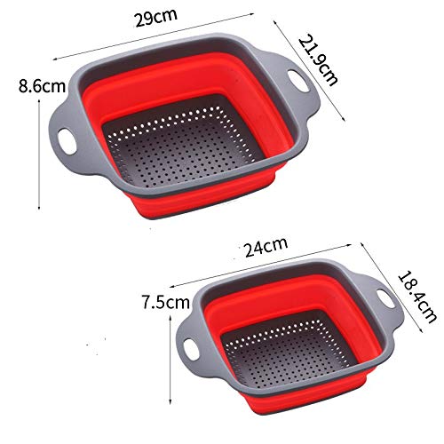 Square Collapsible Colander Set,2 Collapsible Colanders (Strainers) Set By Hdhyk - Includes 2 Folding Strainers (Red & Grey)