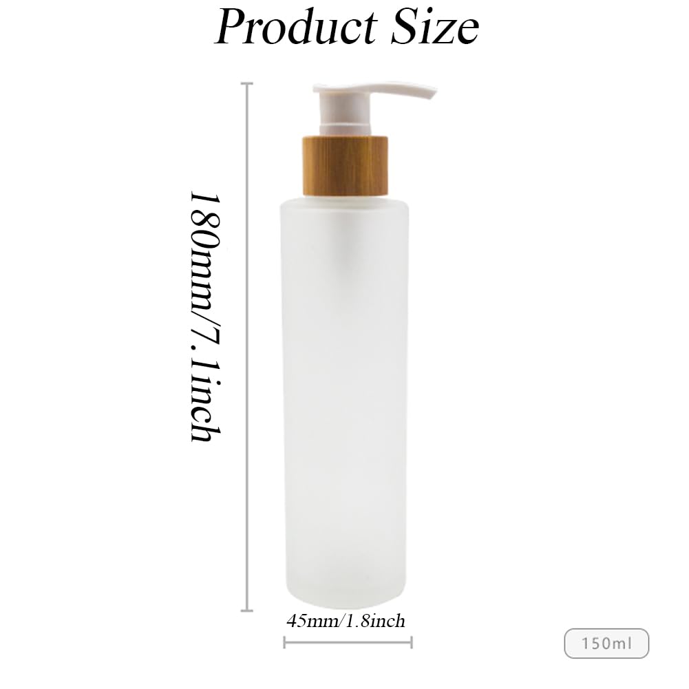 1Pcs 150Ml/5Oz Empty Refillable Frosted Glass Pump Bottles Container Holder Vials Pot Storage With Bamboo Screw Pump Head For Ba