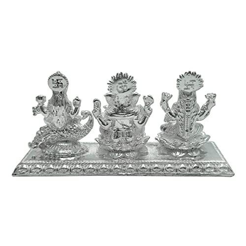 Maa Silver Pure Silver Lakshmi Ganesha Saraswati Trimurti Bis Hallmarked Solid Idol With Base Perfect For Gifting & Pooja Use (9