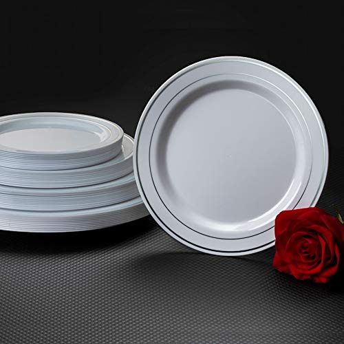 Party Essentials 70-Count Hard Plastic 6'' Divine Dinnerware Disposable China Bread And Butter/Appetizer Plates, White With Silv