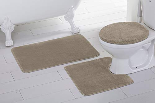 Elegant Home Goods Solid Color 3 Piece Bathroom Rug Set Bath Rug, Contour Mat, & Lid Cover Non-Slip With Rubber Backing Solid Co