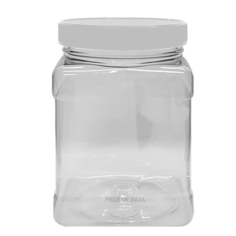 Pride Of India Clear Food Grade Pet Plastic Square Grip Storage Jar W/Cap | 64 Fluid Ounces 7-8 Cup Storage Capacity | Bpa Free