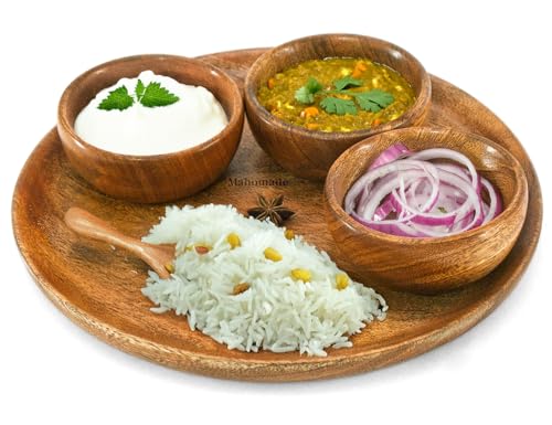Mahomade Wooden Thali Dining Set | Wooden Plate With Bowls | 10 Inches Plate, 3.5 Inches Bowl | Wooden Serving Dinner Set