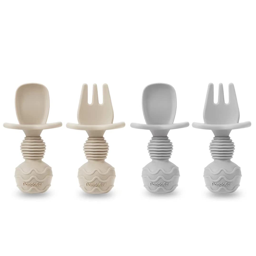 Pandaear (4 Pack) Silicone Baby Led Weaning Spoon Fork| First Training Self Feeding Utensils Set| Anti-Choke Silverware Eating S