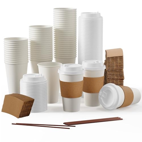 [50 Pack] 16 oz Paper Coffee Cups  Disposable Paper Coffee Cup with Lids  Sleeves  and Stirrers  Hot/Cold Beverage Drinking Cup for Water  Juice  Coffee or Tea  Suitable for Home  Shops and Cafes
