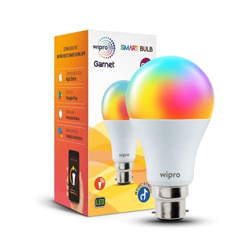 Wipro 9Watt B22 Wifi Smart Led Bulb With Music Sync (16 Million Colours + Warm White/Neutral White/White) (Compatible With Amaz
