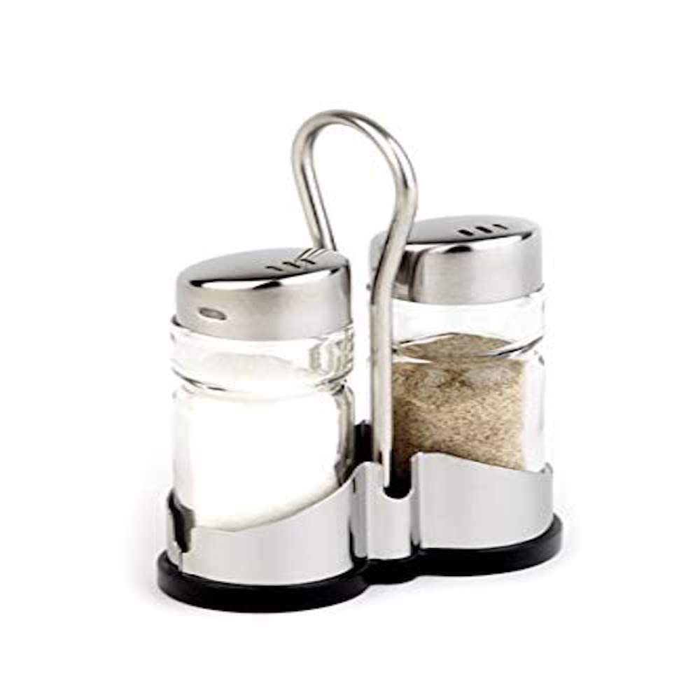APS Salt and pepper menage ECONOMIC with stainless steel frame, glass shaker with stainless steel cover, 8 x 4 x 13 cm