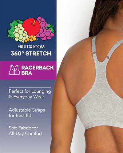 Fruit Of The Loom Womens Adjustable Shirred Front Racerback Sports Bra, Neon Pink Heatherwhitegrey - 3-Pack, 44 Us