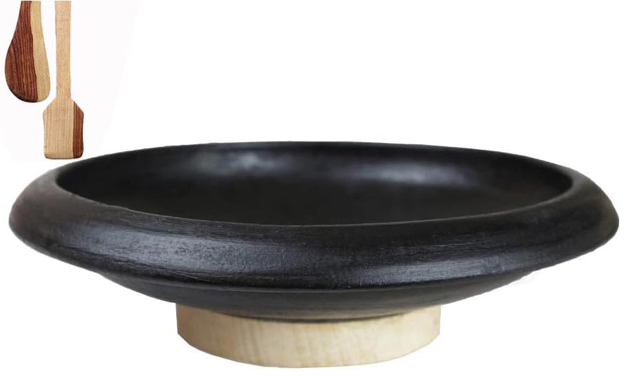 Craftsman India Online Deep Burned Clay Tawa/Pan For Cooking And Serving 10 Inch, Black