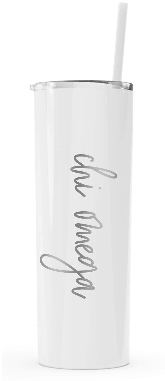 Go Greek Chic Chi Omega Laser Engraved Skinny Tumbler with Straw (White)