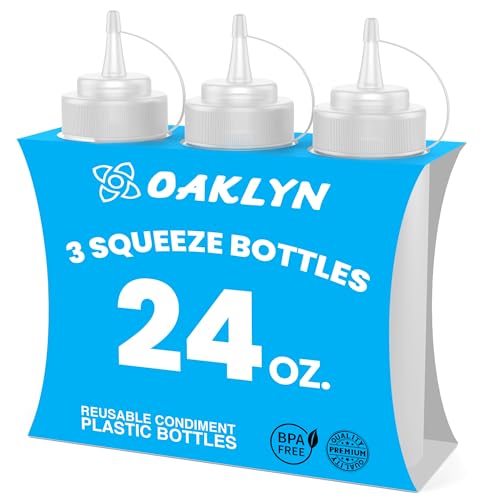 Oaklyn (3pk 24 oz Plastic Squeeze Squirt condiment Bottles with Twist On cap Lids - top dispensers for ketchup mustard mayo hot sauces olive oil - bulk clear bpa free bbq set