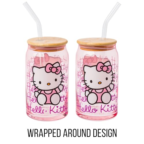Silver Buffalo Sanrio Hello Kitty Glass Tumbler With Bamboo Lid And Glass Straw, 16 Ounces