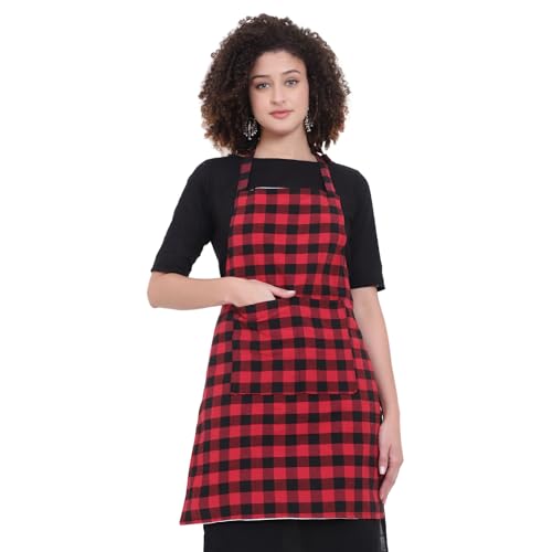 Glun Waterproof Full Size Unisex Kitchen Checkered Apron With 2 Big Front Centre Pocket And Adjustable Neck Strap (RedCheckered