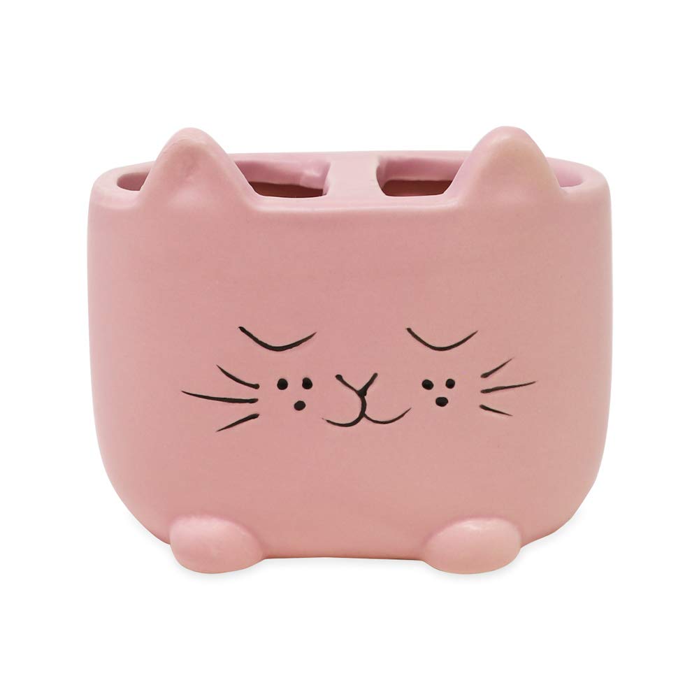 Isaac Jacobs Pink Ceramic Cat Makeup Brush Holder  Multi-Purpose 2-Section Organizer. Bathroom  Kitchen  Bedroom  Office D?or (2-Section Cup  Pastel Pink)