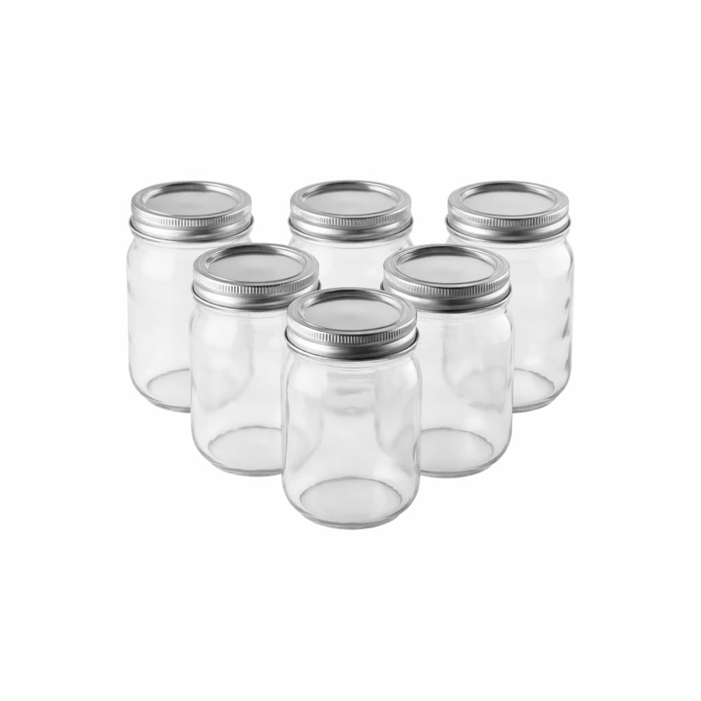 FastRack 16 oz Regular Mouth Mason Jars (Pack of 6) with Airtight Metal Lids | Pint Glass Canning Jars for Food Storage, Ferment