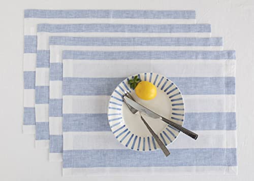 Solino Home Linen Easter Placemats 14 X 19 Inch - 100% Pure Linen Fabric Placemats For Spring, Summer - Cabana Stripe Sky Blue A