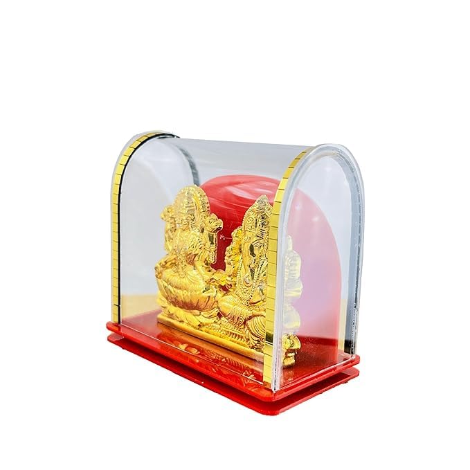 Awesome Craft Goddess Laxmi Ganesh Idol | Status | Murti Gold Polish Acrylic Idol In Glass Box For Home Temple, Office, Car Dash