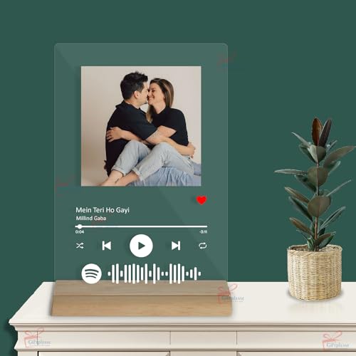 Giftplease Customized Photo And Tabletop Song Glass Spotify Plaque With Wooden Stand|Personalized Rectangular Photo Music Frame 