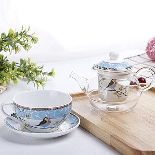 Ybk Tech Tea For One Set, Glass Teapot With Porcelain Infuser Strainer And Cup & Saucer- Happy Bird Pattern (Blue)