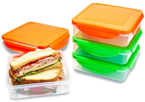 SnapMate - 4 Pack of Sandwich Containers - Reusable, BPA Free Plastic, Snap & Lock Shut Lids and Silicone Seal. Great for Fruit,