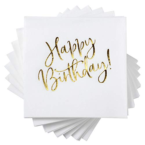 Morgiana 50 Pack Happy Birthday Napkins, Luxury White Gold Birthday Dinner Napkins 16 X 16 Inch, Airlaid Paper, Happy Birthday N