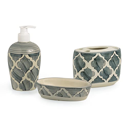 Exclusivelane Moroccan Essentials Handpainted 3 Piece Ceramic Bathroom Accessory, Grey And Off White (Liquid Soap Dispenser, Soa