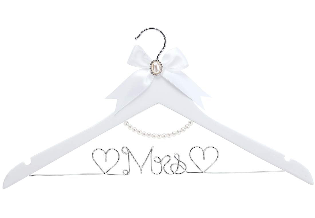 Huidian White Solid Wood Bridal Dress Hanger With Lady Wire Lettering For Bridal Wedding Party Gift (Silver Thread And Pearl Cha
