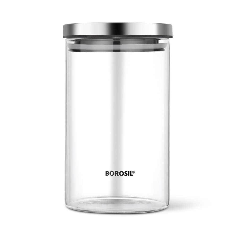 Borosil Classic Glass Jar, Air-Tight Storage Container For Kitchen, Glass Jar For Storing Spices, Grains, Dals, 900 Ml, Clear