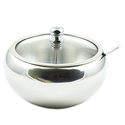 Zoie + Chloe Stainless Steel Sugar Bowl With Glass Lid - Bonus Spoon - 2 Cup Capacity (500Ml)